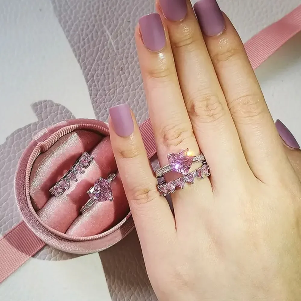 ✨️ 925 Sterling Silver Plated Heart Double Band Ring Set